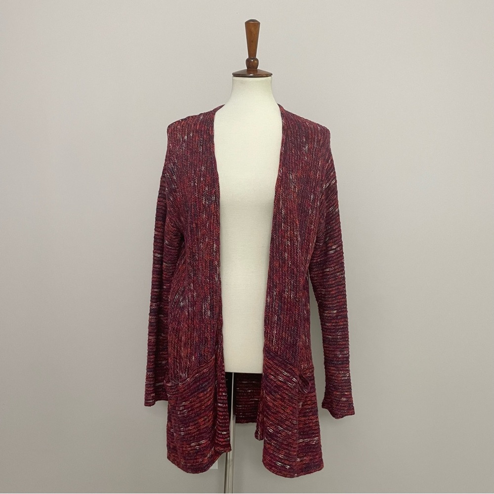 J Jill Cardigan Sweater Knit Open Front Space Dyed Pockets Fuchsia Pink Purple